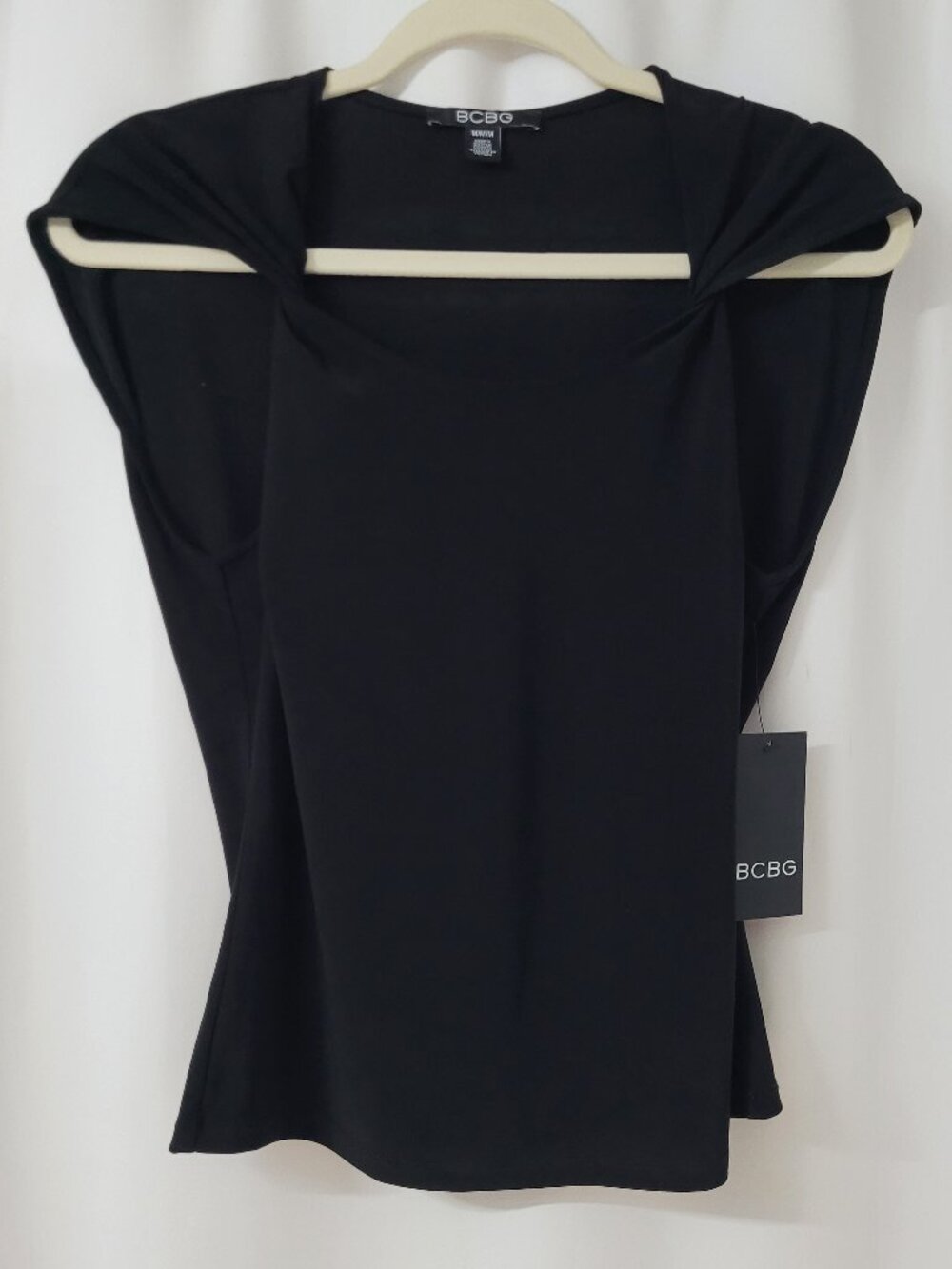 NWT BCBG Black Twisted Shoulder Square Neck Sleek Sleeveless Top